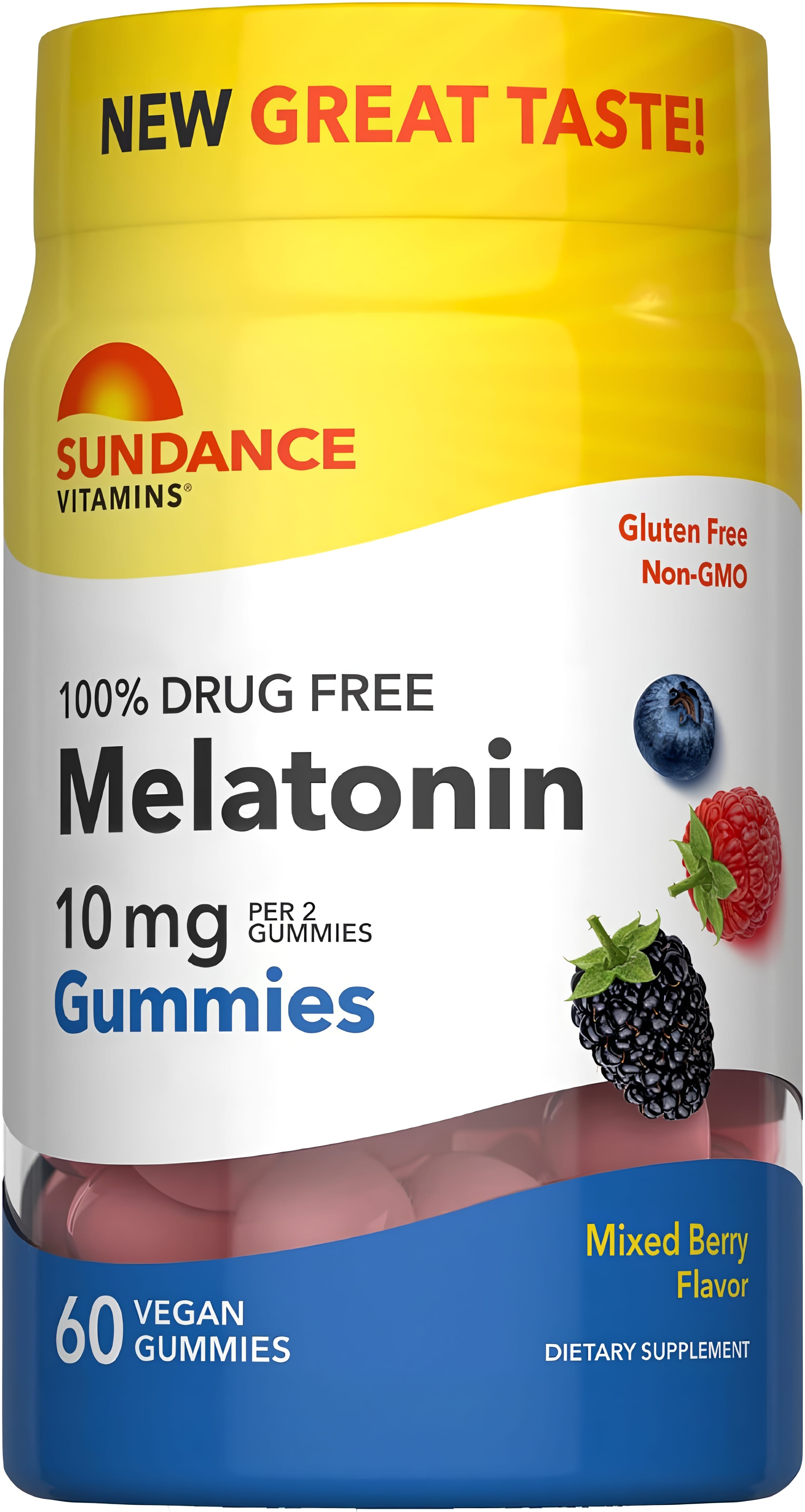 Sundance Vitamins 10 mg Melatonin 60 Vegan Gummies, Mixed Berry Flavor. New Great Taste! 100% Drug Free, Gluten Free, Non-GMO.