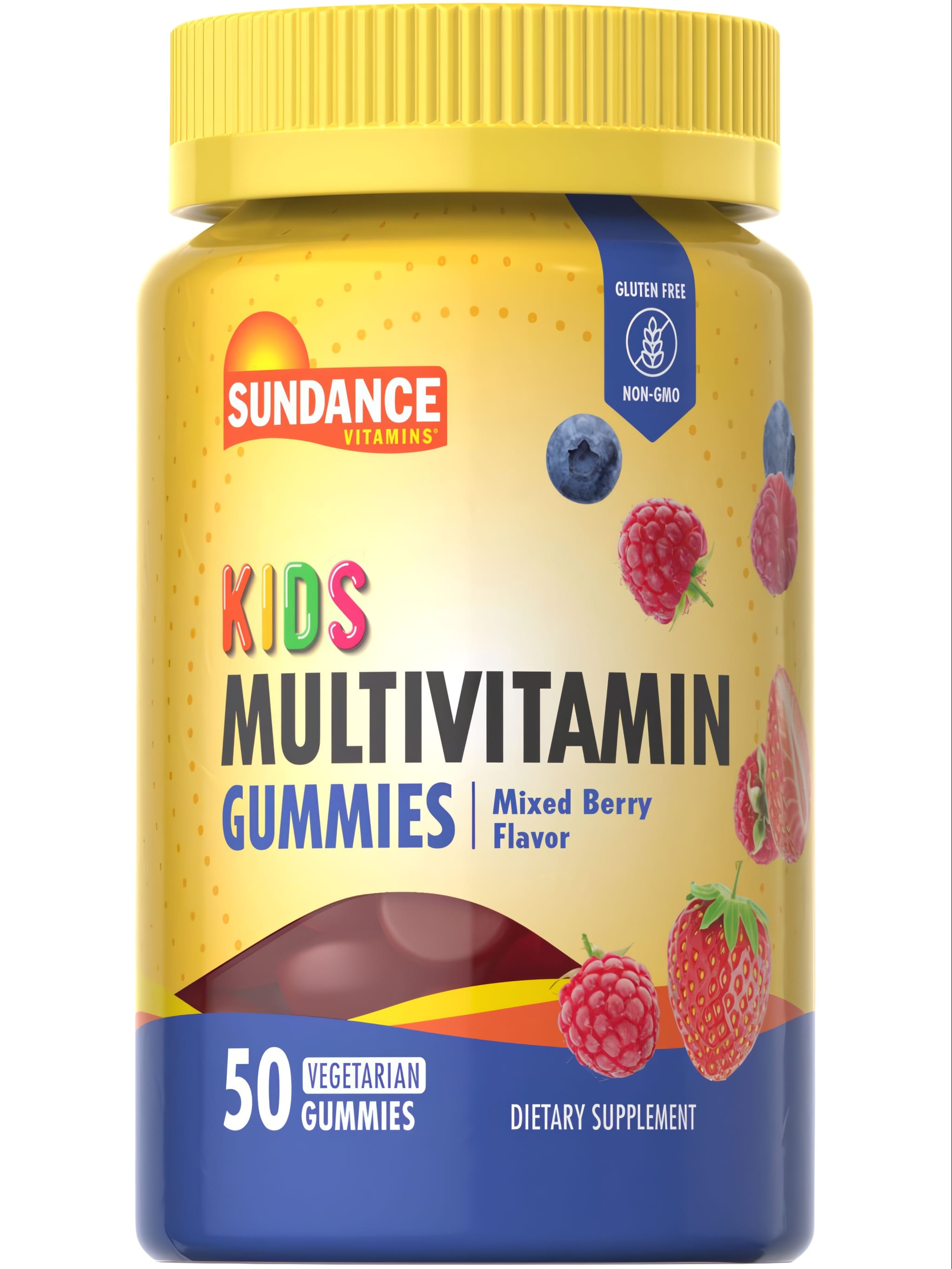 A hand holding a bottle of Sundance Kids Multivitamin Mixed Berry Gummies, containing 50 vegetarian gummies.