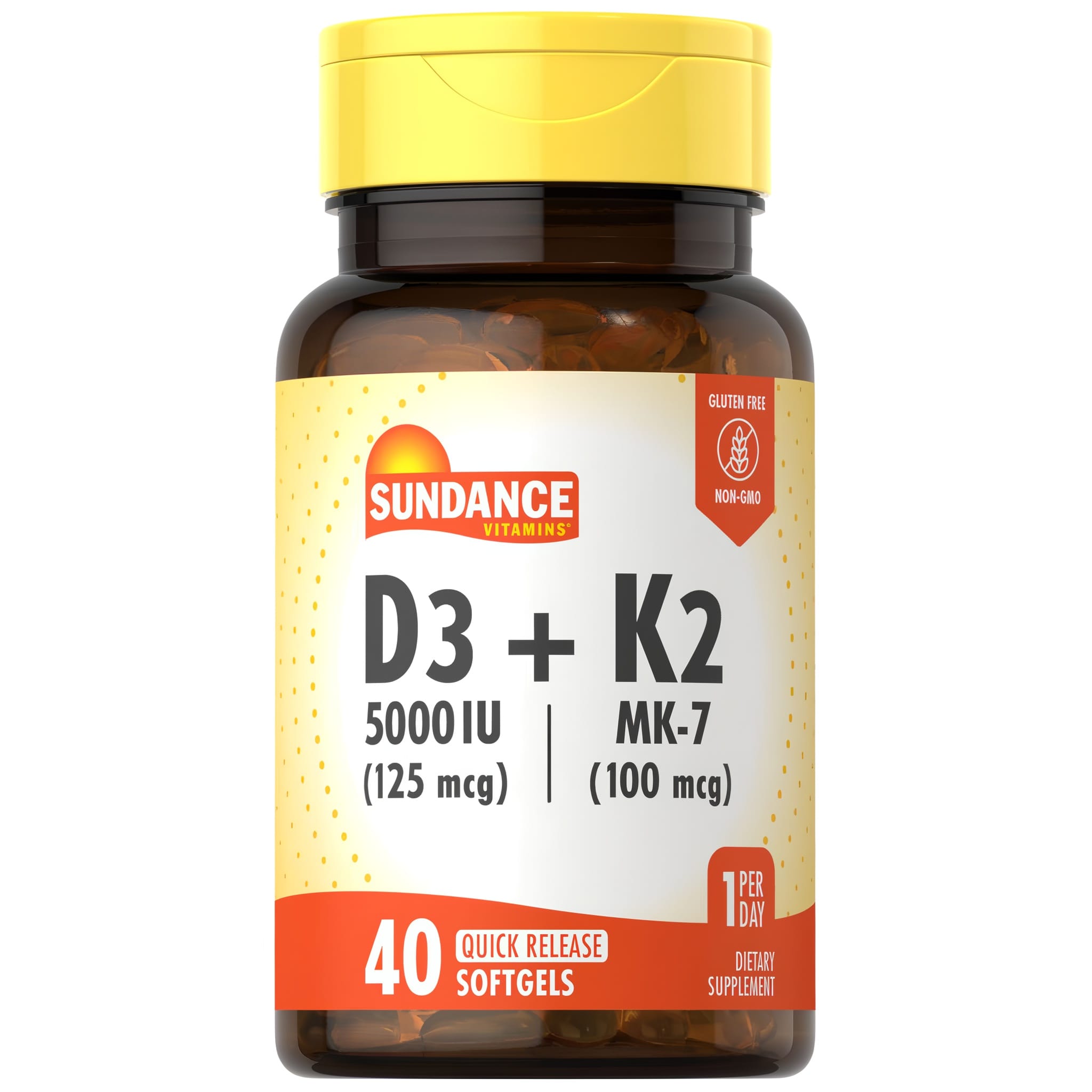 Hand holding Quick Release Softgels with 5000 IU D3 (125 mcg) and 100 mcg MK-7 K2.