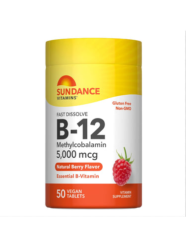 Sundance Vitamins B-12 Methylcobalamin 5,000 mcg with natural berry flavor, 50 fast dissolve vegan tablets.