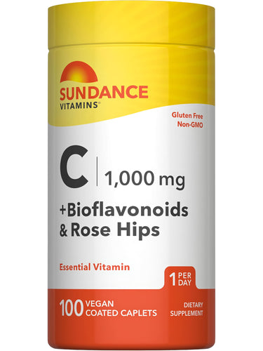 Sundance Vitamins C 1,000 mg plus Bioflavonoids and Rose Hips, 100 Vegan Coated Caplets. Gluten Free, Non-GMO Supplement.