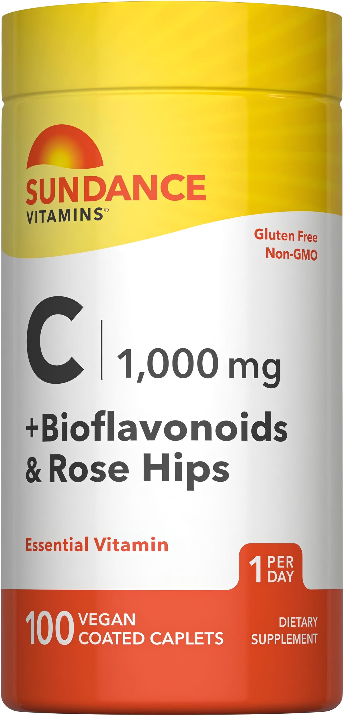 Sundance Vitamins C 1,000 mg plus Bioflavonoids and Rose Hips, 100 Vegan Coated Caplets. Gluten Free, Non-GMO Supplement.
