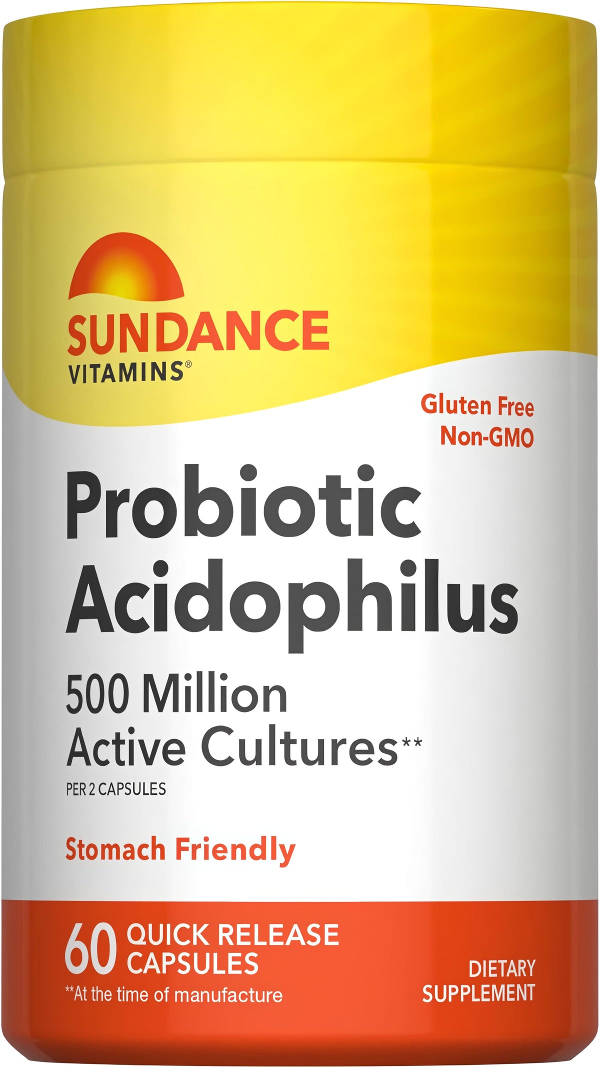 Probiotic Acidophilus offers 500 Million Active Cultures per 2 capsules, with 60 Quick Release Capsules, Gluten Free, Non-GMO.