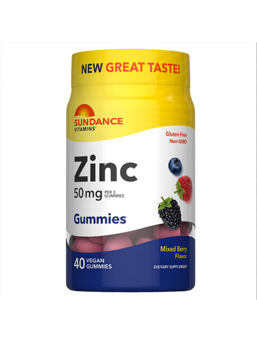Sundance Vitamins Zinc, 50 mg per 3 gummies, Mixed Berry Flavor, 40 vegan gummies. Great taste, gluten-free, Non-GMO.