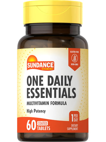 Sundance Vitamins ONE DAILY ESSENTIALS, a high potency multivitamin formula, 60 coated tablets, gluten-free, non-GMO.