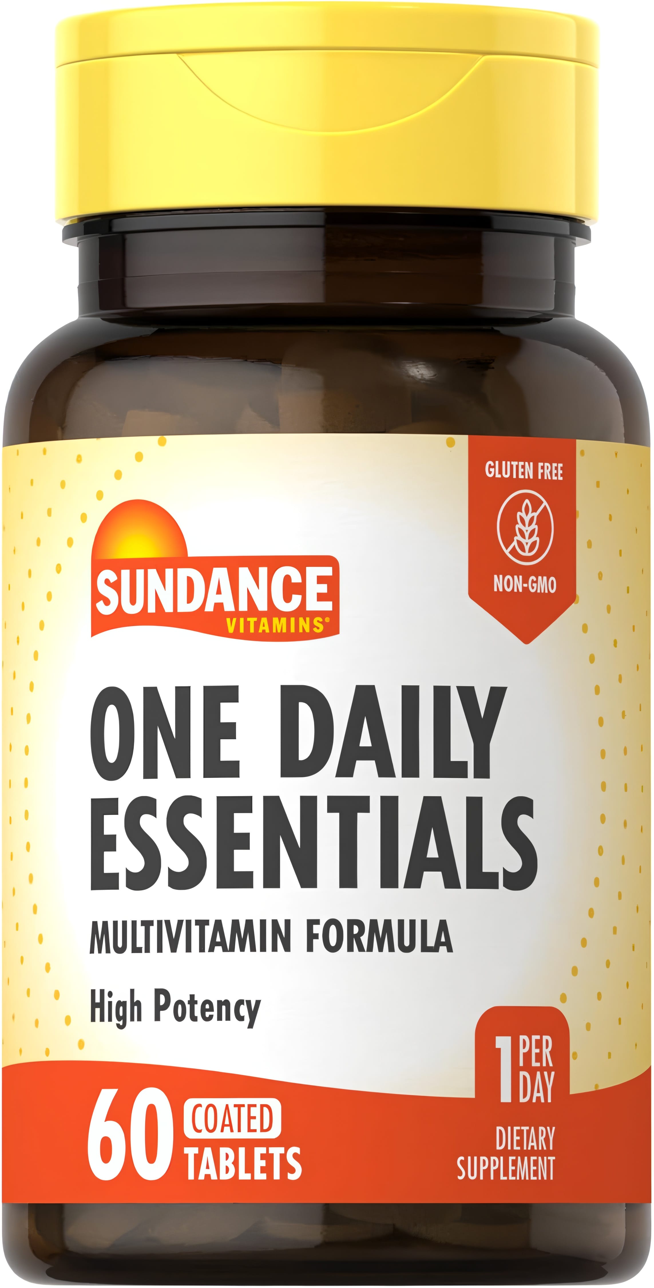 Sundance Vitamins ONE DAILY ESSENTIALS, a high potency multivitamin formula, 60 coated tablets, gluten-free, non-GMO.