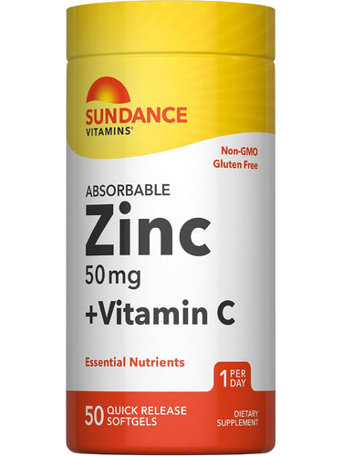 Sundance Vitamins Absorbable Zinc 50 mg with Vitamin C includes 50 quick release softgels.