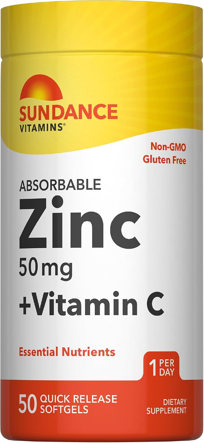 Sundance Vitamins Absorbable Zinc 50 mg with Vitamin C includes 50 quick release softgels.