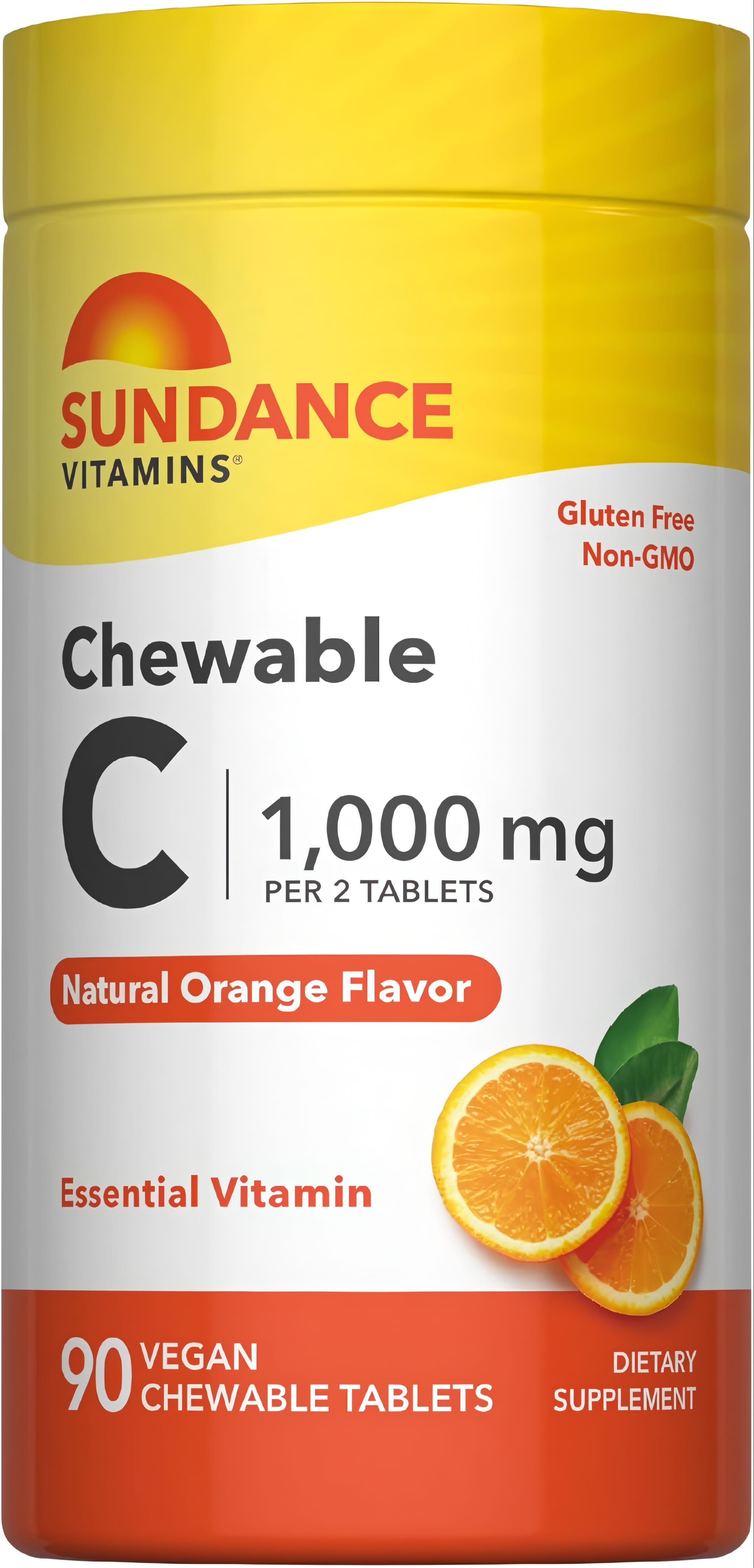 Chewable C 1,000 mg (per 2 tablets) Natural Orange Flavor, 90 Vegan Chewable Tablets. Gluten Free and Non-GMO.