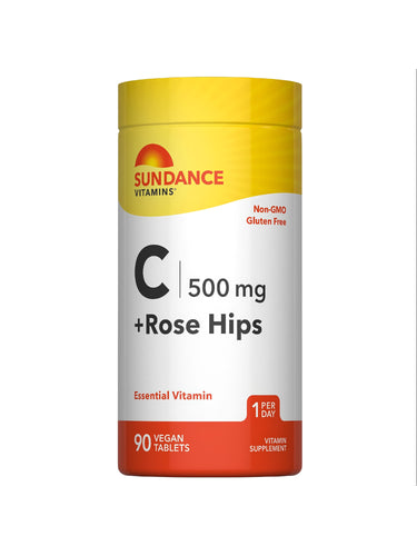 A bottle of Vitamin C 500 mg with Rose Hips, Non-GMO, Gluten Free, containing 90 vegan tablets.