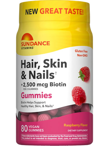 Sundance Hair, Skin & Nails 80 Vegan Gummies with 2,500 mcg Biotin, Raspberry Flavor. Gluten Free, Non-GMO.