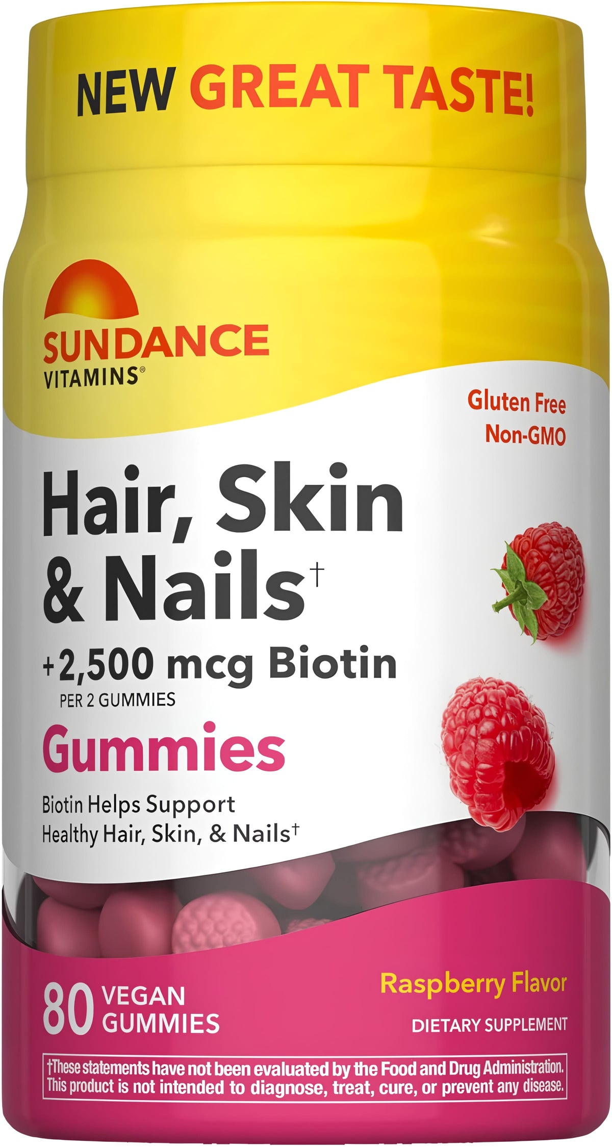 Sundance Hair, Skin & Nails 80 Vegan Gummies with 2,500 mcg Biotin, Raspberry Flavor. Gluten Free, Non-GMO.
