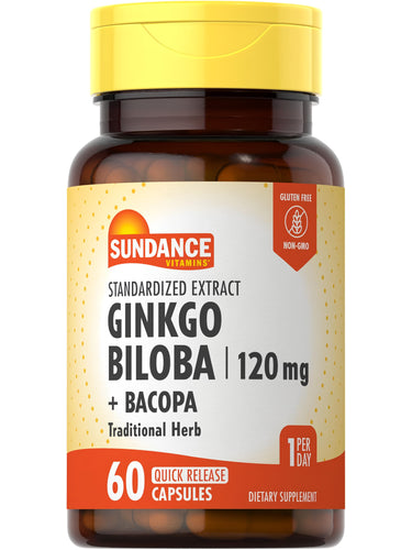 SD Ginkgo 120 mg + Bacopa, 60 quick-release capsules that are gluten-free and non-GMO.