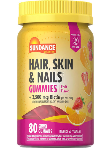 Sundance Vitamins Hair, Skin & Nails Gummies, fruit flavor, 80 vegan gummies with 2,500 mcg biotin, gluten-free, non-GMO.