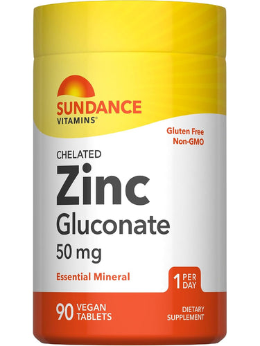 Chelated Zinc Gluconate 50 mg, 90 Vegan Tablets. Gluten-free, Non-GMO dietary supplement.