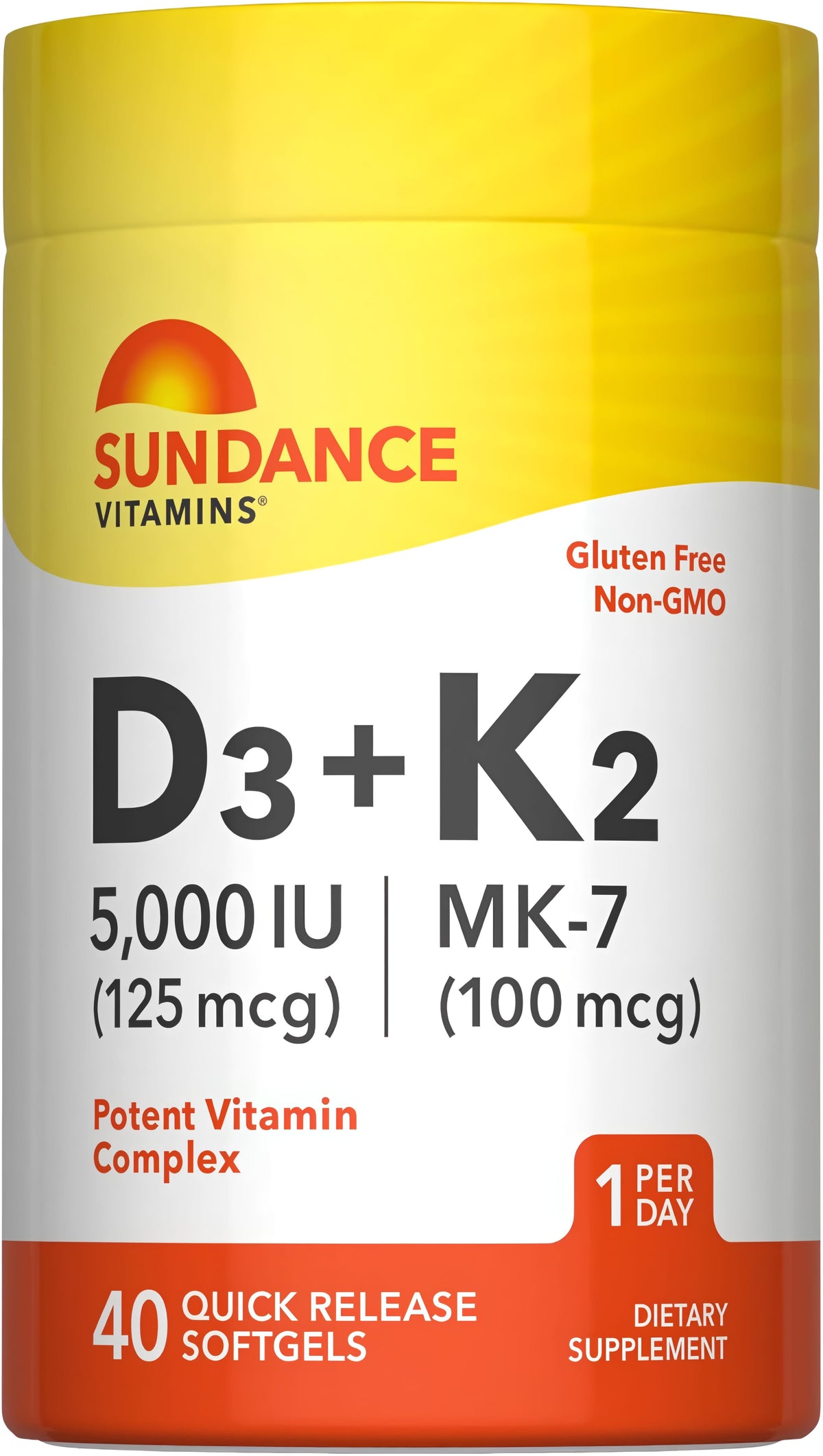 D3+K2 supplement with 5,000 IU (125 mcg) and MK-7 (100 mcg) in 40 quick release softgels. Gluten Free, Non-GMO.