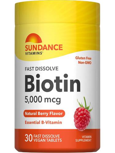 Biotin 5,000 mcg tablets with natural berry flavor, includes 30 fast dissolve vegan tablets.