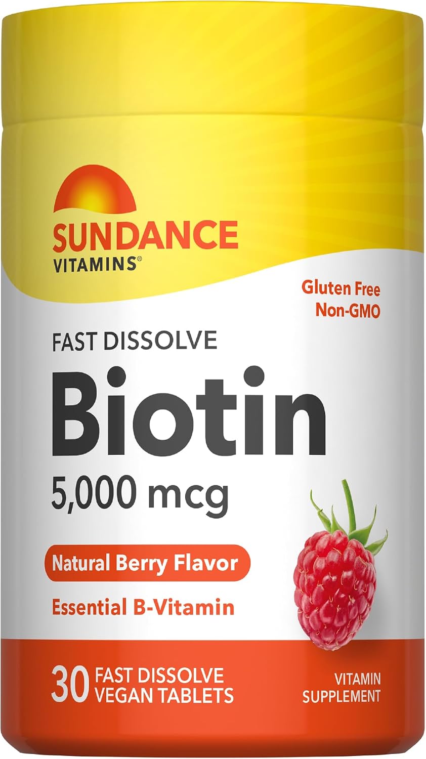 Biotin 5,000 mcg tablets with natural berry flavor, includes 30 fast dissolve vegan tablets.