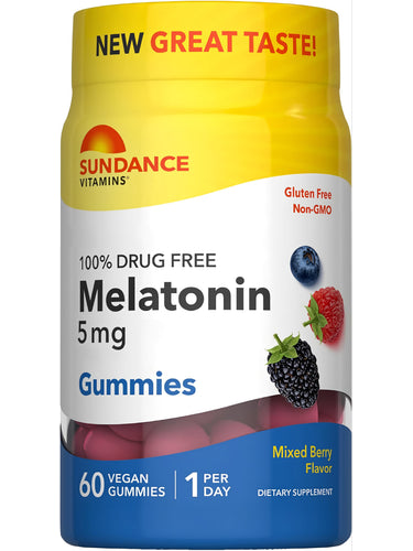 Sundance Vitamins Melatonin 5 mg, 60 Vegan Gummies, mixed berry flavor. Great taste, 100% drug free, gluten free, non-GMO.