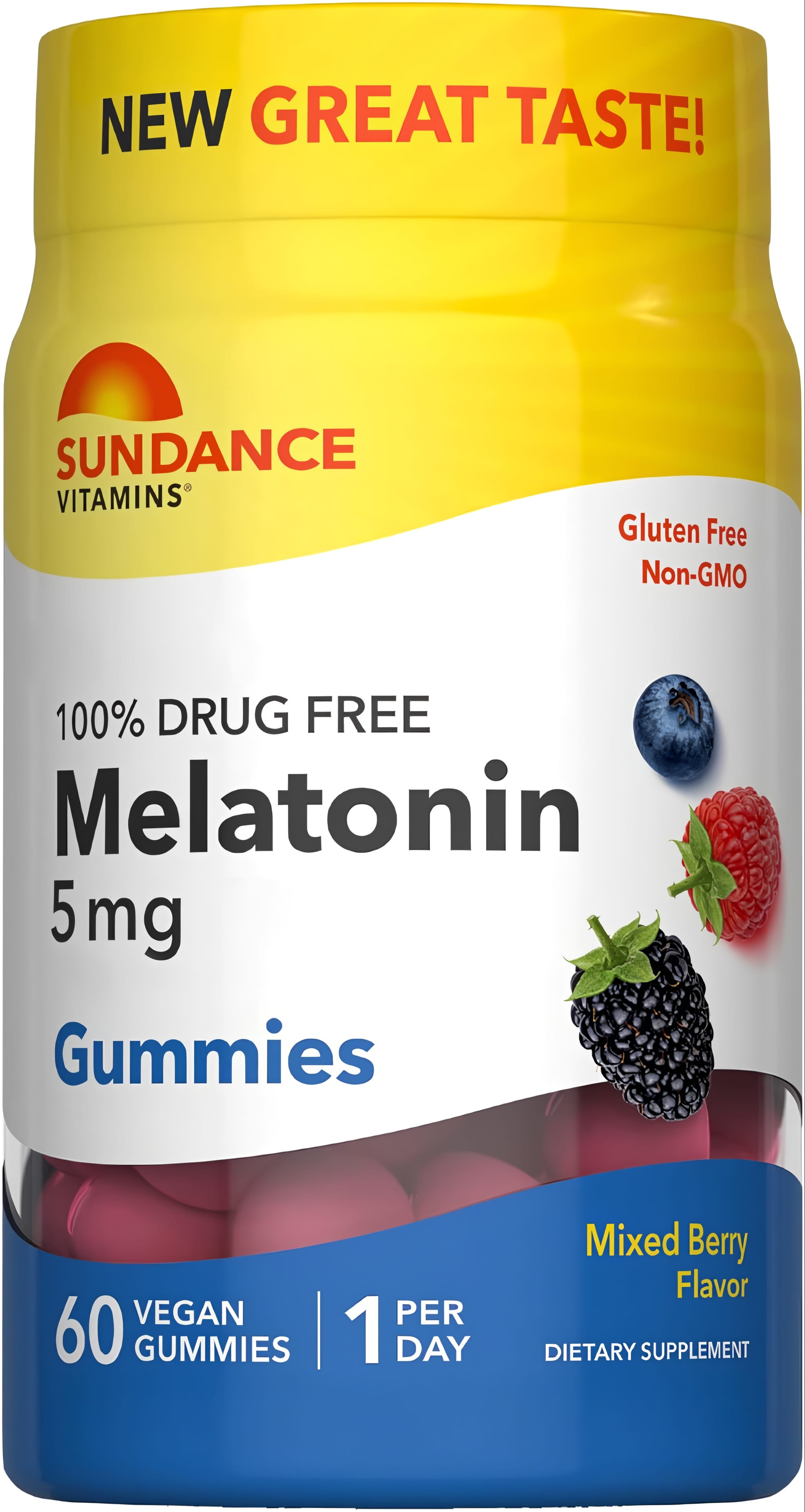 Sundance Vitamins Melatonin 5 mg, 60 Vegan Gummies, mixed berry flavor. Great taste, 100% drug free, gluten free, non-GMO.