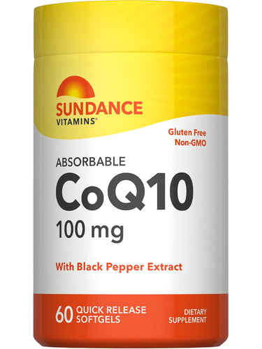Sundance Vitamins Absorbable CoQ10 100 mg, 60 Quick Release Softgels. Gluten Free, Non-GMO, with Black Pepper Extract.
