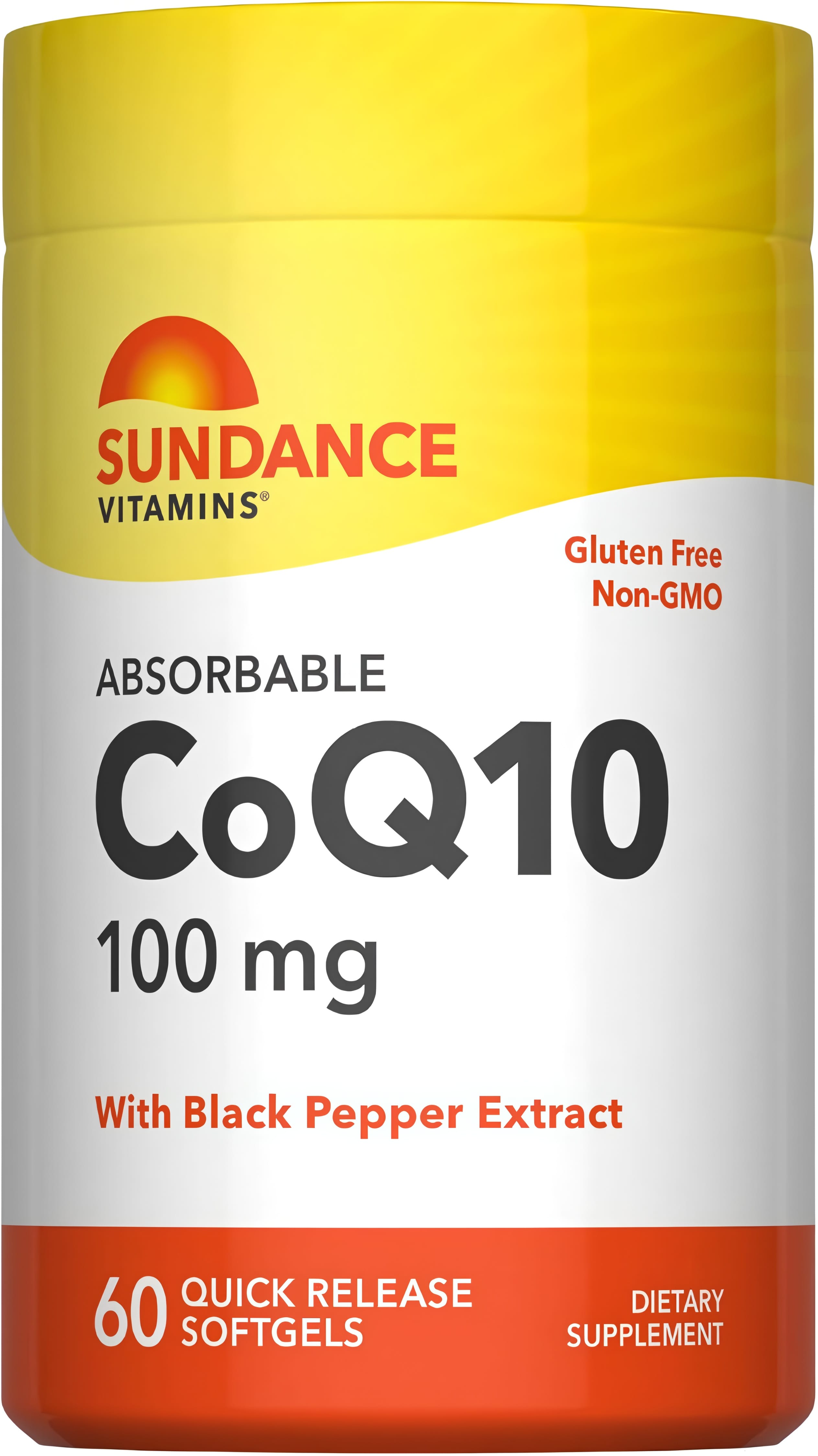 Sundance Vitamins Absorbable CoQ10 100 mg, 60 Quick Release Softgels. Gluten Free, Non-GMO, with Black Pepper Extract.