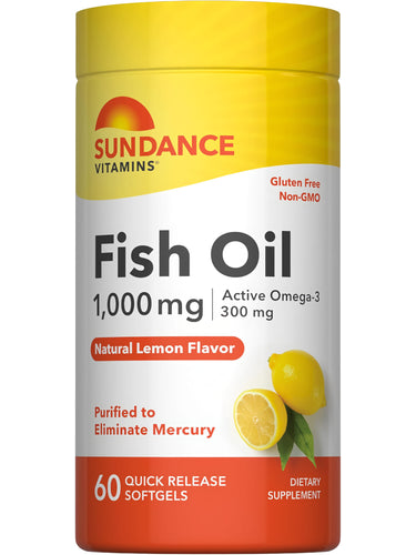 Sundance Vitamins Fish Oil 1,000 mg, Natural Lemon Flavor, 60 Quick Release Softgels. Gluten Free and Non-GMO.