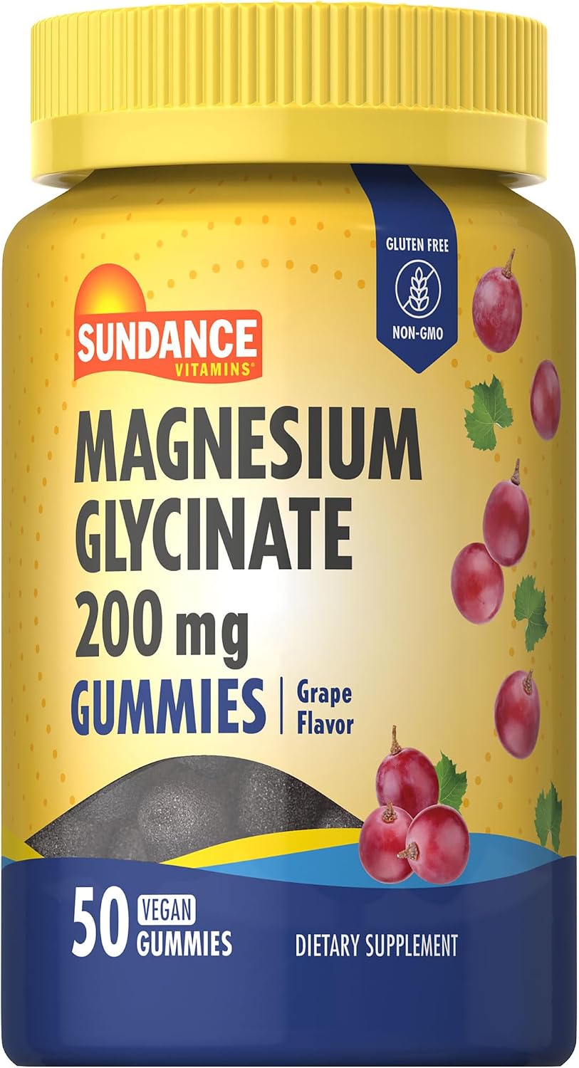Sundance Vitamins Magnesium Glycinate 200 mg Gummies, grape flavor, 50 vegan gummies, dietary supplement.