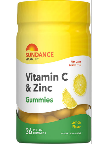 Lemon flavored Vitamin C & Zinc gummies, 36 count, vegan.