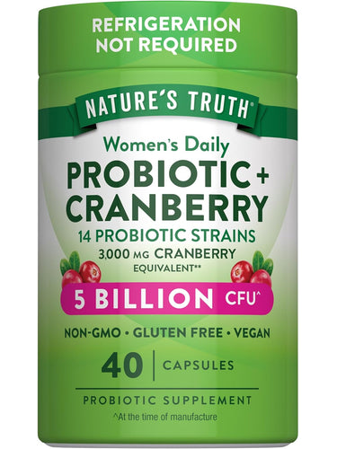 Nature's Truth Women's Daily Probiotic + Cranberry 40 Capsules, 5 Billion CFU, 14 Probiotic Strains, Non-GMO, Gluten Free, Vegan.
