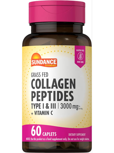 Grass Fed Collagen Peptides Type I & III with Vitamin C, 3000 mg per serving, 60 caplets.