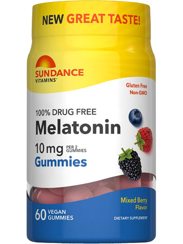 Sundance Vitamins 10 mg Melatonin 60 Vegan Gummies, Mixed Berry Flavor. New Great Taste! 100% Drug Free, Gluten Free, Non-GMO.