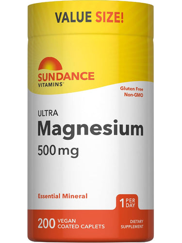 Sundance Vitamins Ultra Magnesium 500 mg, 200 Vegan Coated Caplets. Gluten-Free, Non-GMO. Value Size.
