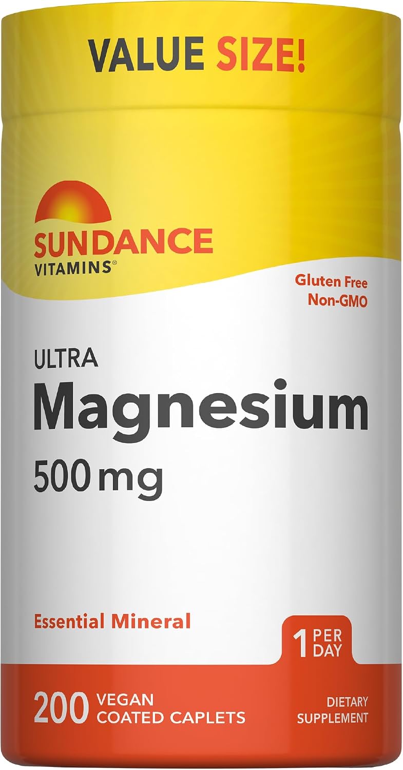 Sundance Vitamins Ultra Magnesium 500 mg, 200 Vegan Coated Caplets. Gluten-Free, Non-GMO. Value Size.