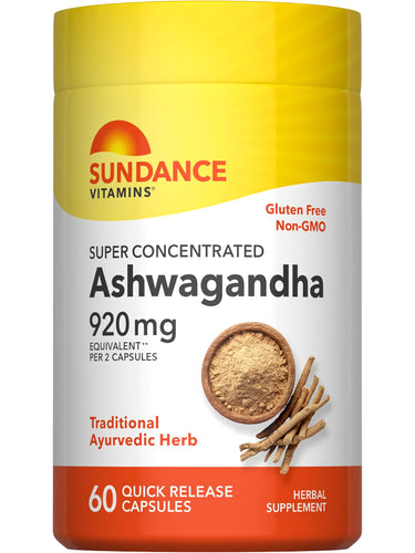 Ashwagandha capsules, 920 mg per 2 capsules, 60 quick-release capsules, herbal supplement, gluten-free and non-GMO.