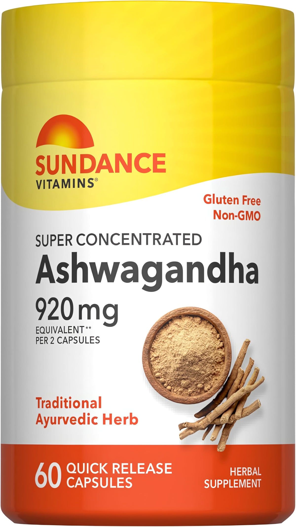 Ashwagandha capsules, 920 mg per 2 capsules, 60 quick-release capsules, herbal supplement, gluten-free and non-GMO.