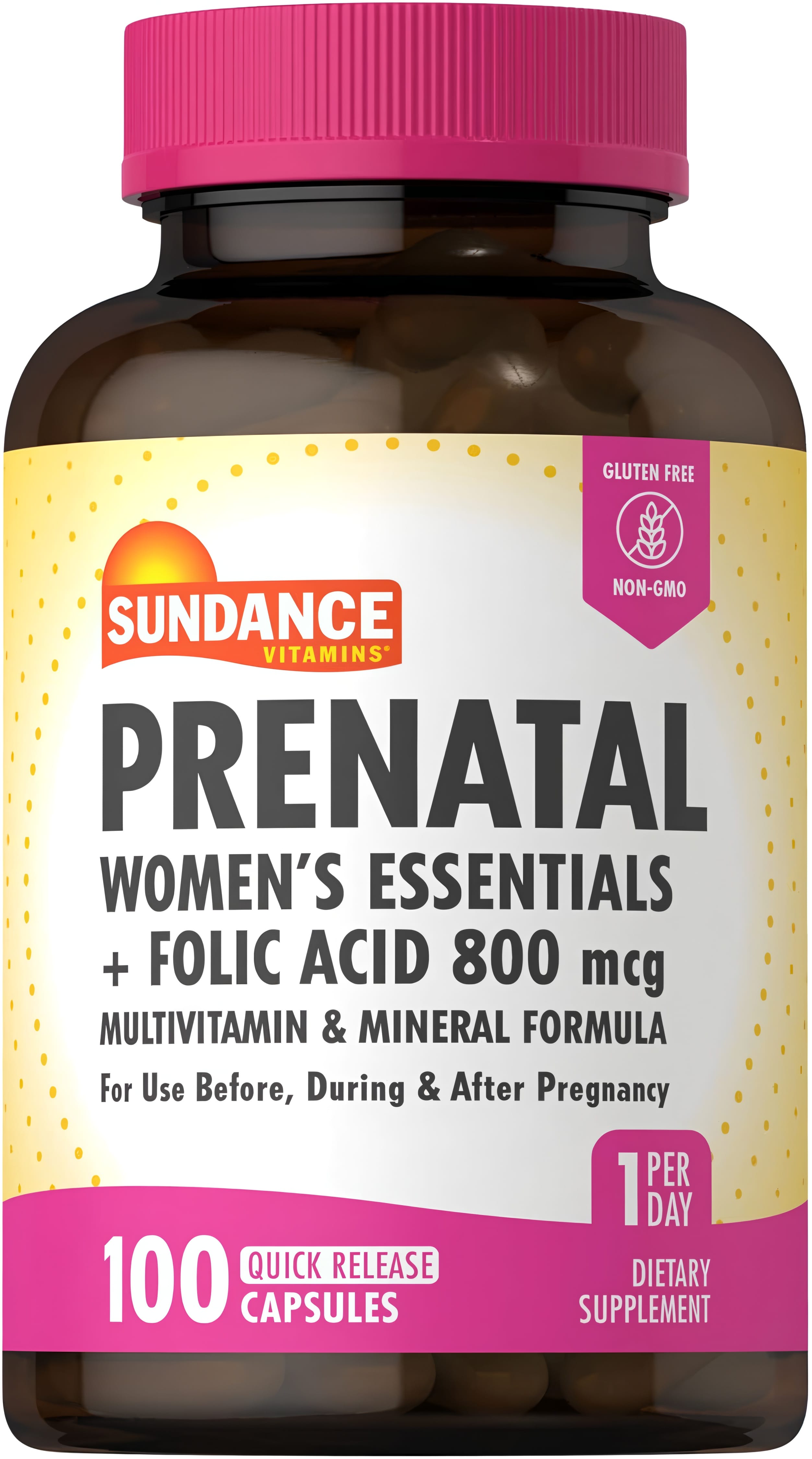 Prenatal multivitamin with 800 mcg folic acid, 100 quick release capsules. Gluten free, non-GMO.