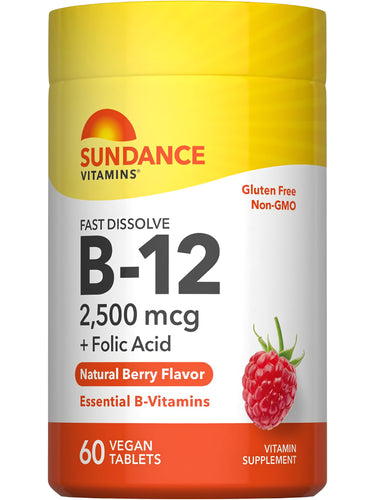 B-12 2,500 mcg and Folic Acid tablets, natural berry flavor, 60 vegan tablets. Gluten-free and non-GMO.
