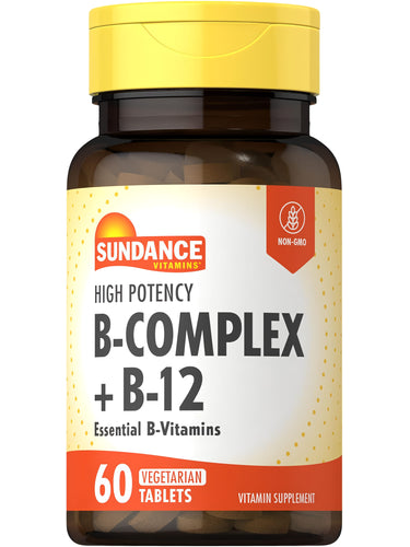 Sundance Vitamins High Potency B-Complex + B-12 with 60 vegetarian tablets, a non-GMO vitamin supplement.
