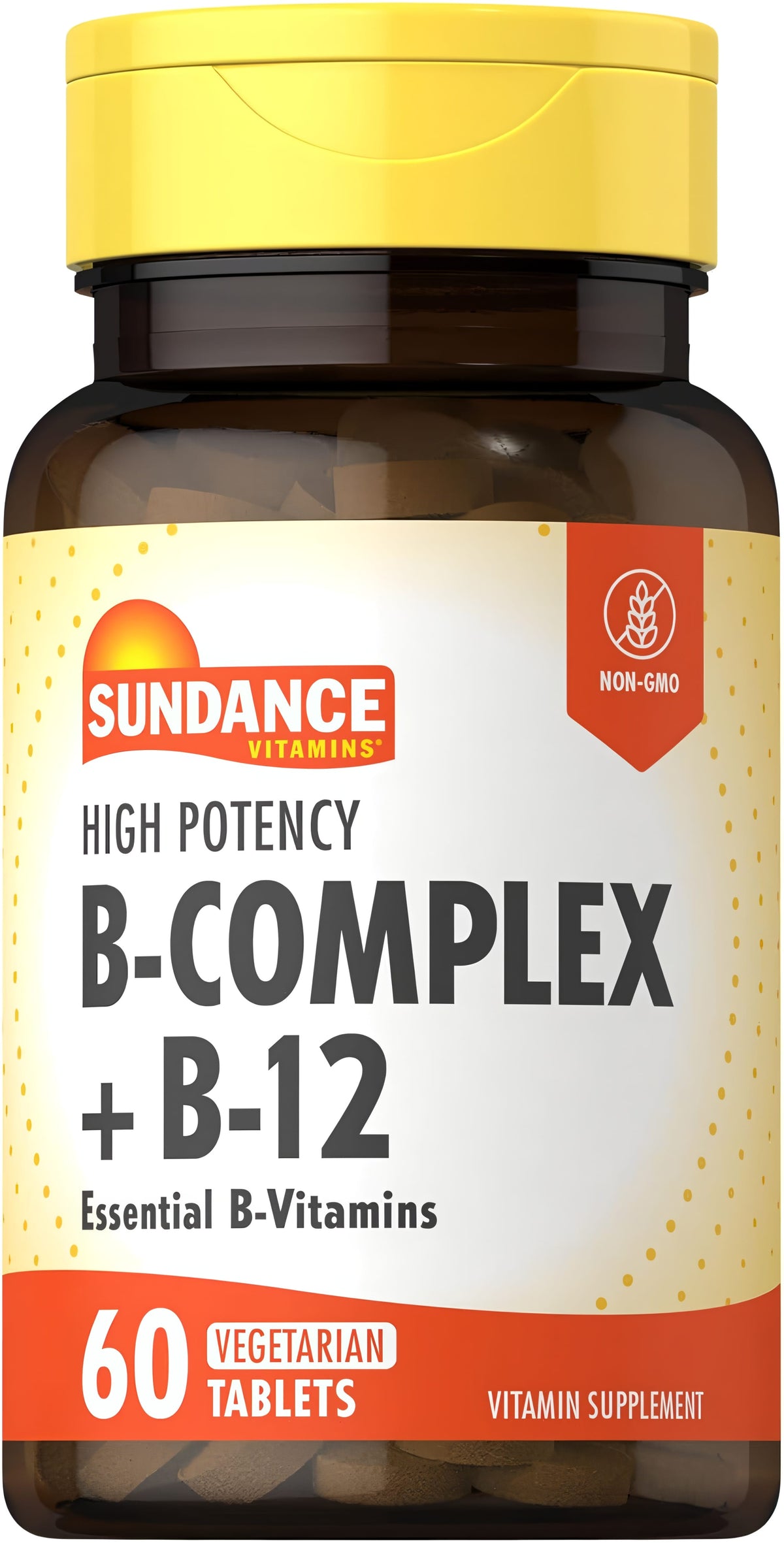 Sundance Vitamins High Potency B-Complex + B-12 with 60 vegetarian tablets, a non-GMO vitamin supplement.