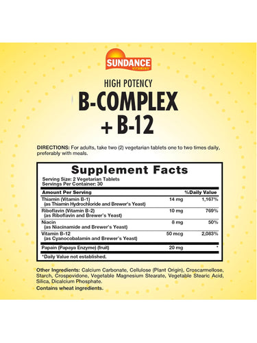 Supplement Facts panel for SD B-Complex + B-12, 60 tablets bottle.