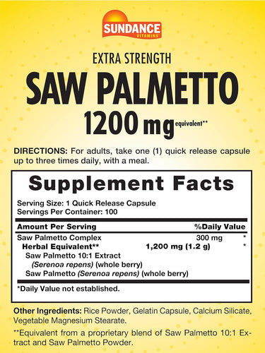 Supplement Facts panel for Saw Palmetto 1200 mg, 100 capsules, displayed on product packaging.