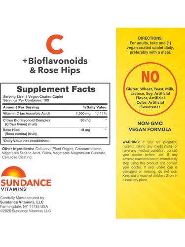Supplement Facts for C 1000 mg with Bioflavonoids and Rose Hips, 100 Coated Caplets.