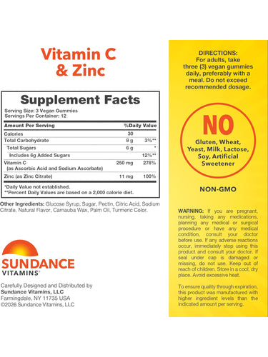SD C + Zinc bottle: Free of gluten, wheat, yeast, milk, lactose, soy, and artificial sweeteners; Non-GMO.