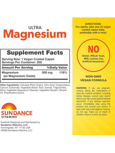 Image showing Supplement Facts for Magnesium 500 mg, 200 coated caplets.