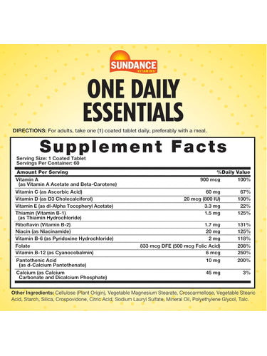 Supplement Facts panel for SD One Daily Essential Multi, 60 Tablets, providing essential vitamins and minerals.