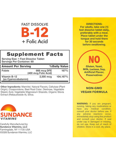 B-12 2500 mcg with Folic Acid, 60 tabs. Free of gluten, yeast, milk, lactose, soy, artificial flavors or preservatives.