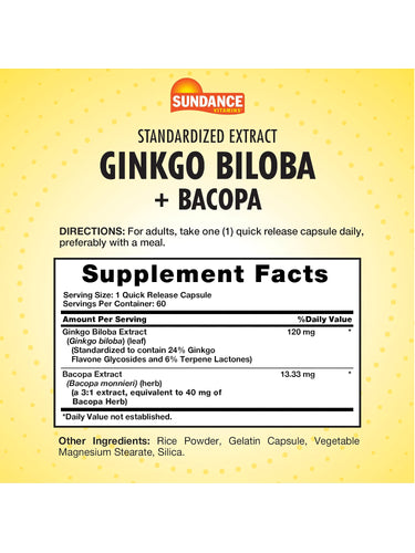 Supplement Facts panel for Ginkgo 120 mg and Bacopa 60 capsules.
