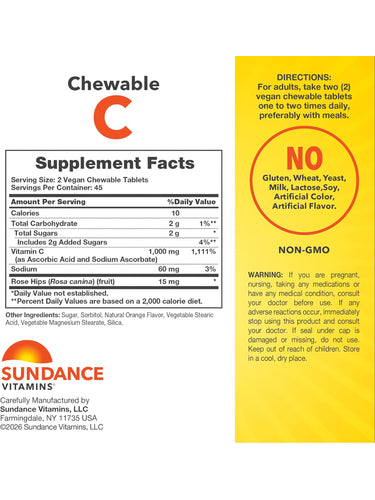 SD C 1000 mg + RH 90 Chewable Tablets label showing Supplement Facts, usage directions, and allergen details.