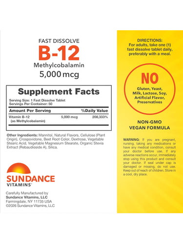 SD B-12 Methylcobalamin 5,000 mcg, 50 fast dissolve tablets.